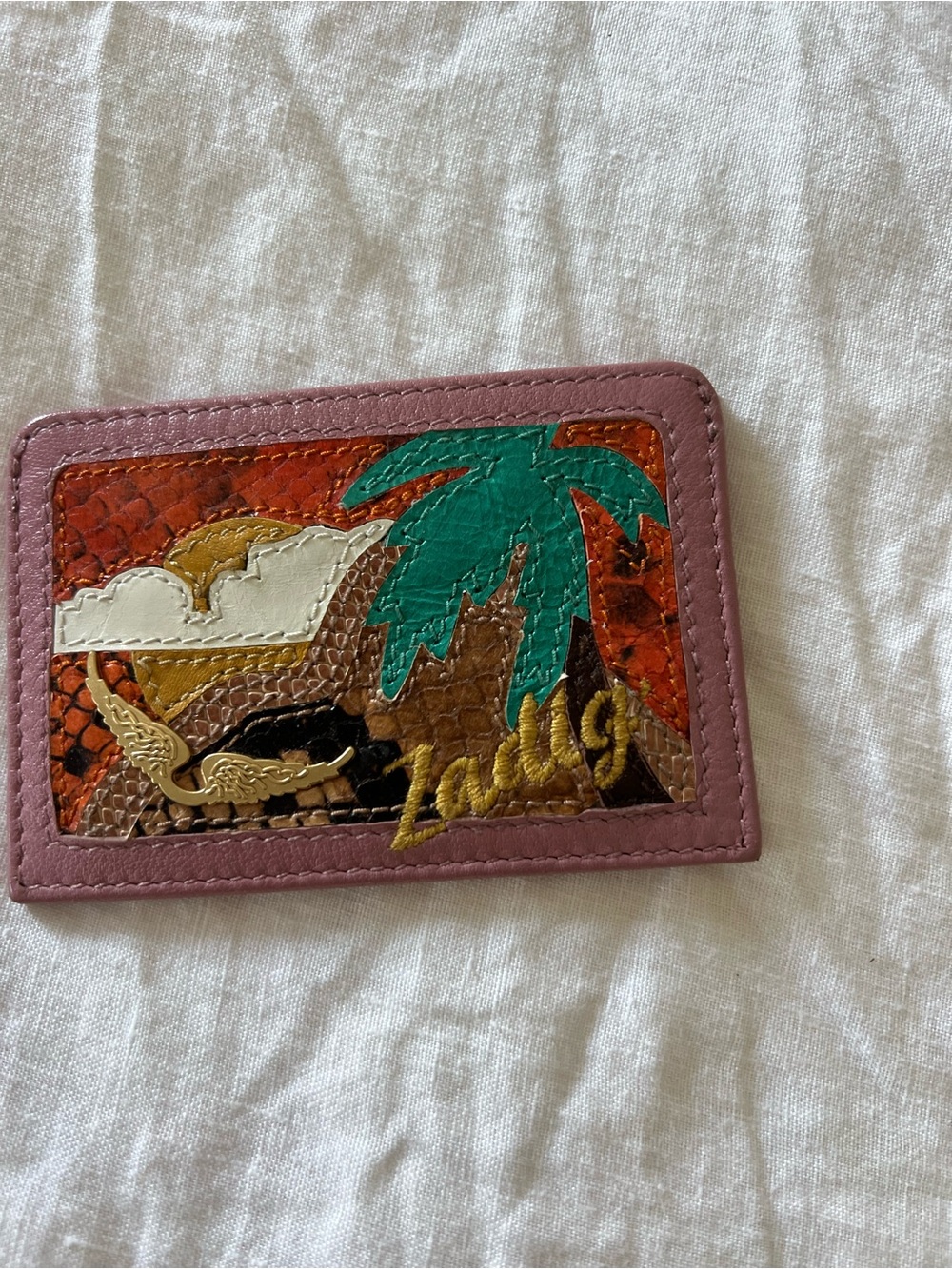 Zadig & Voltaire Pink Leather Card & Key Holder with Teal Palm and Gold Accent